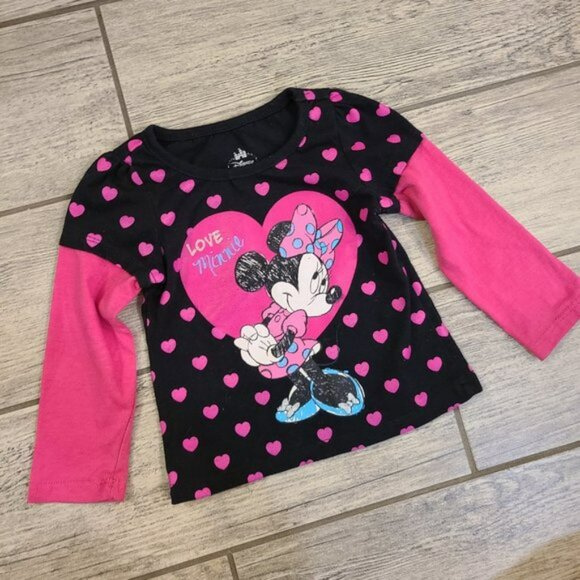 🏷 3/$15 or 5/$20 Disney baby girl Minnie Mouse black & pink long sleeve top 18M - Picture 1 of 5
